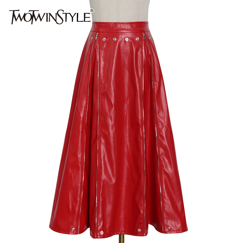 

TWOTWINSTYLE PU Casual Skirt For Women High Waist Gathered Waist A Line Fold Pleated Mid Skirts Female 2022 Spring Clothing New