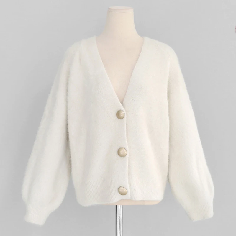Осень зима свитер из искусственного меха модный однотонный женский кардиган свободного покроя с v-образным вырезом пальто с длинными рукавами - Цвет: Белый