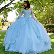 Небесно-голубое кружевное винтажное бальное платье, бальное платье с v-образным вырезом и длинными рукавами, вечерние платья из тюля для выпускного вечера 16