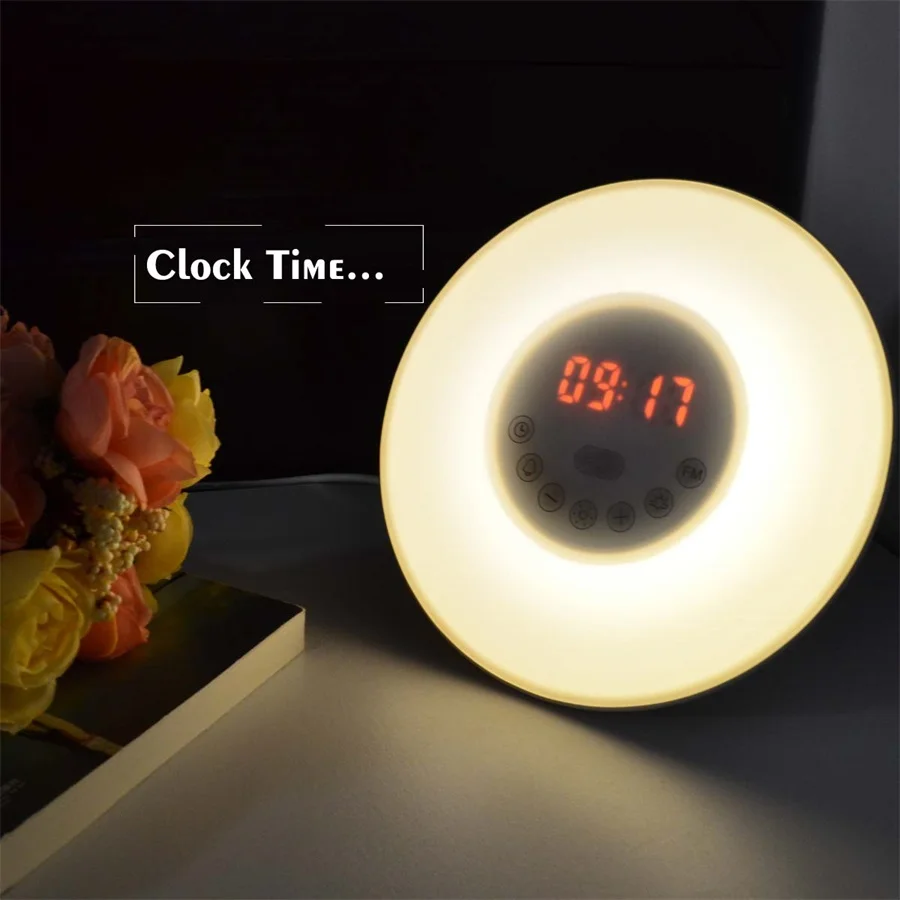 

DC5V Novelty Sunrise LED Light Alarm Clock LED Night Light Digital Radio FM RGB Light For Bedroom Wake Up Lamp