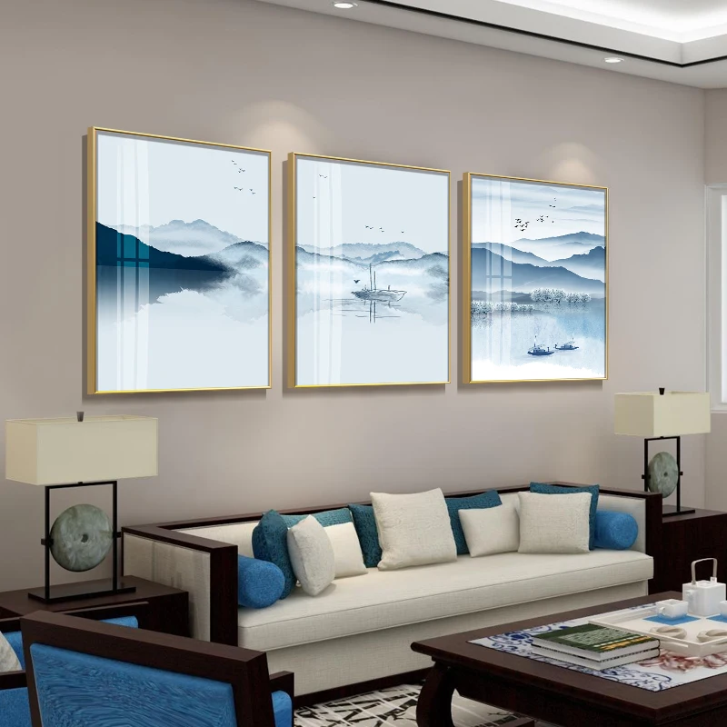 Новый китайский стиль Триптих пейзаж холст картина вид на озеро постеры куадро