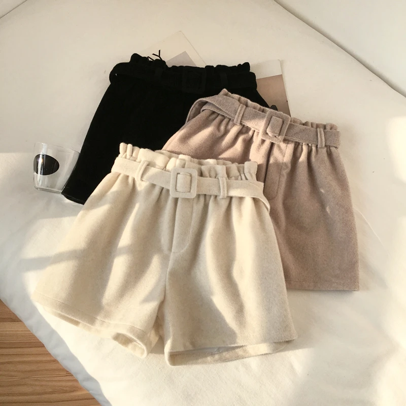 

Vintage A-line Wool Shorts Autumn Winter Thick Women High Waist Elastic Shorts With Belt Casual Plus Sizes Wide Leg Short Pants