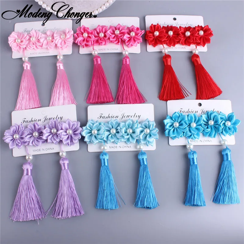 

2PCS/Lot New Year Princess Colorful Simulation Flower Long Tassels Hair Clip Girl Chinese Style Cute Retro Sweet Hair Accessorie