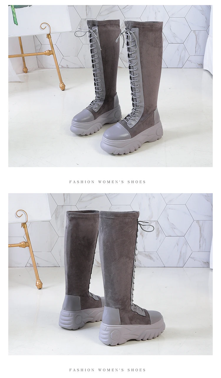 Women Platform Knee High Boots 6.5 Cm Lace-up Platform Boots Ladies Winter Keep Warm Waterproof Women Shoes Black Gray