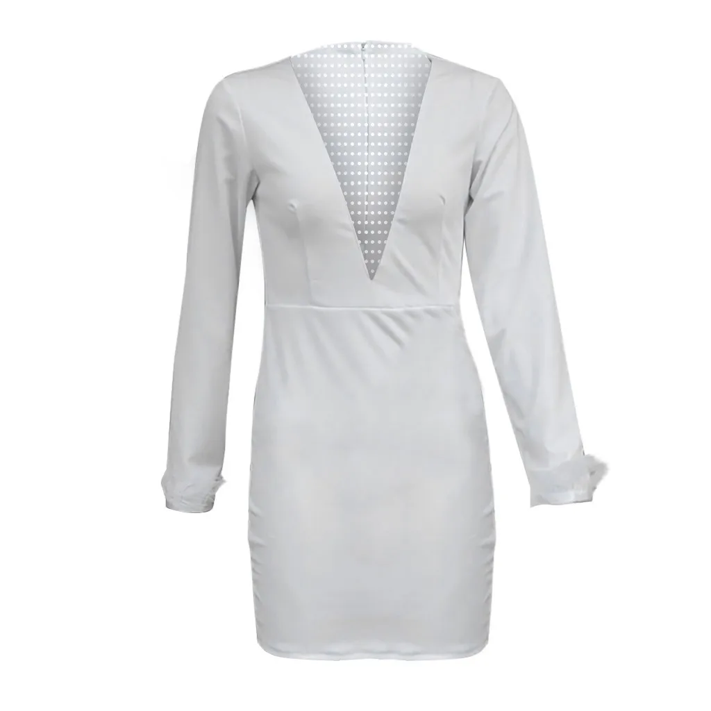Mujer vestido, женское однотонное сексуальное повседневное мини-платье с v-образным вырезом и длинным рукавом, в