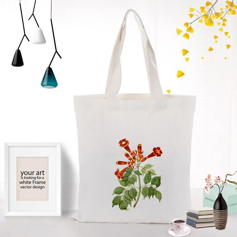 FLOWERS309 Сумка-тоут, Цветочная сумка, индивидуальная печать логотипа, ежедневное использование, DIY, хозяйственная сумка, холст, эко, многоразовая утилизация текста, логотип на заказ - Цвет: FLOWERS309