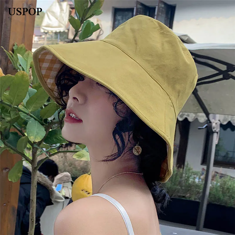 

USPOP 2020 New women bucket hats wide brim sun hats cotton plaid bucket hats spring summer hats caps