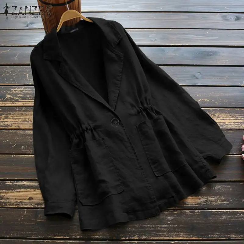 ZANZEA, женские плотные одноцветные пальто, офисные куртки с отворотом, верхняя одежда на бретелях, высокая талия, пальто, Chaqueta Casaco Femme 7