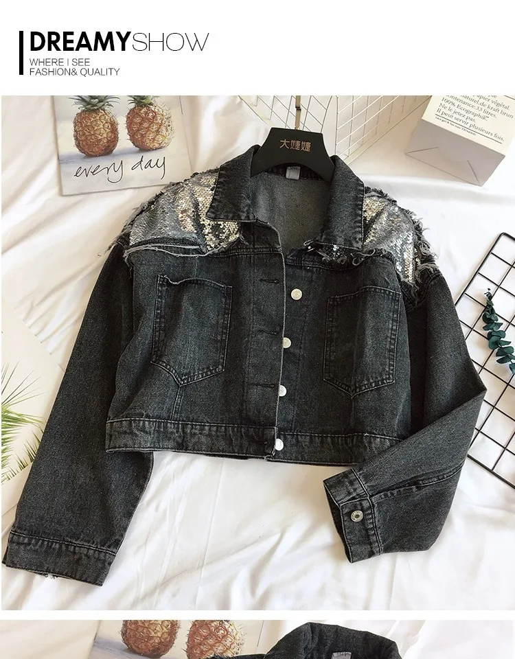 Neploe Cowboy Jacket Women Autumn New Korean Loose High Waist Short Jeans Coat Single Button Sequins Demin Outwear 53718