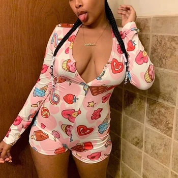 

Women Cartoon Printed Long Sleeve Plunge V-neck Sleep Bodycon Romper Slim Fit Stretch Sexy Summer Slim Fit Sheath Playsuits