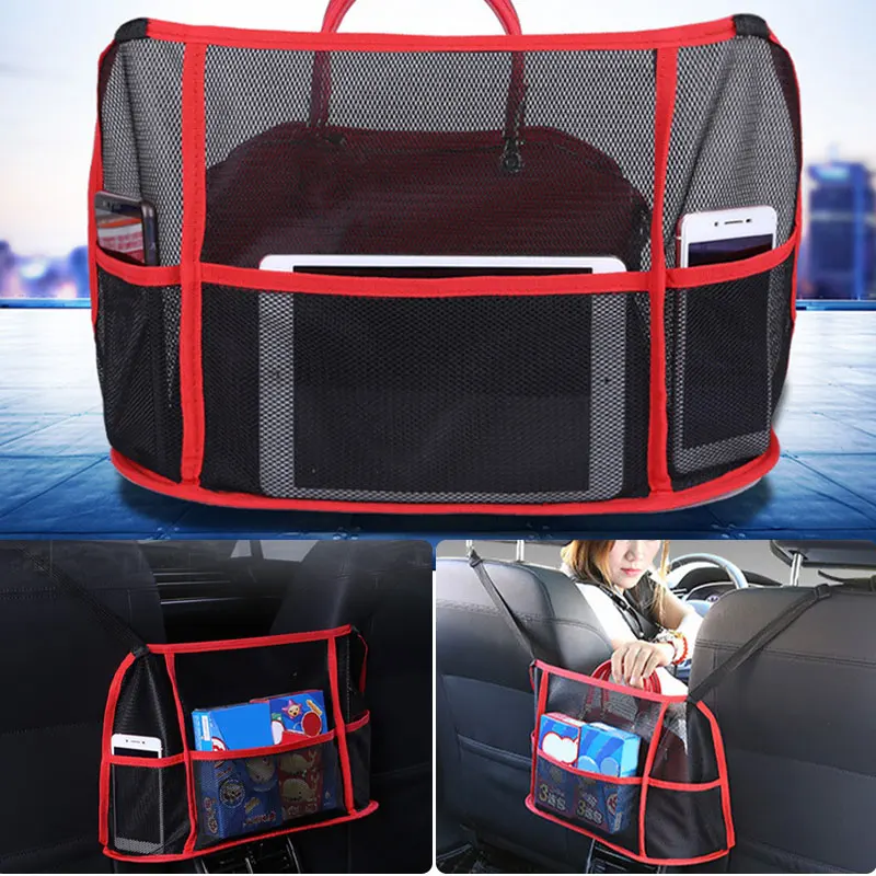Polyester Car Seat Net Pocket Organizer Black Red