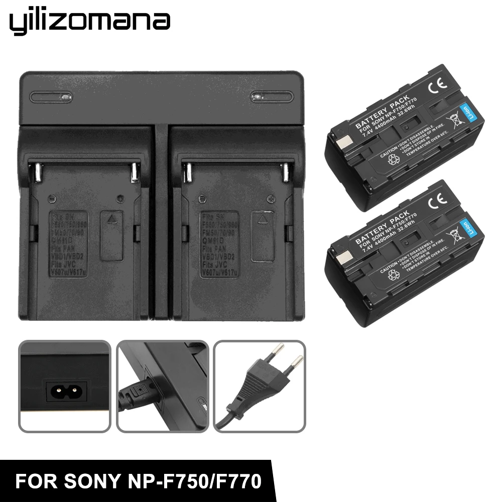 YILIZOMANA 4400 мА/ч, NP-F770 NP-F750 NP F770 np f750 NPF770 750 Камера батарейки для Sony NP-F550 NP-F770 NP-F750 F960 F970 - Color: Charger and 2Battery