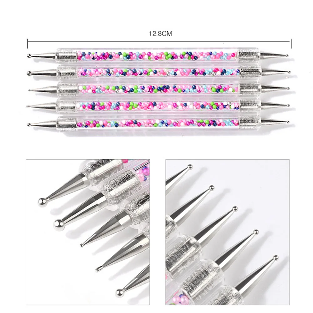 5Pcs/Set Professional Nail Art Tool Dual-ended Nail Dotting Pen UV Gel Painting Colorful Beads Handle Nail Art Dotting Brushes