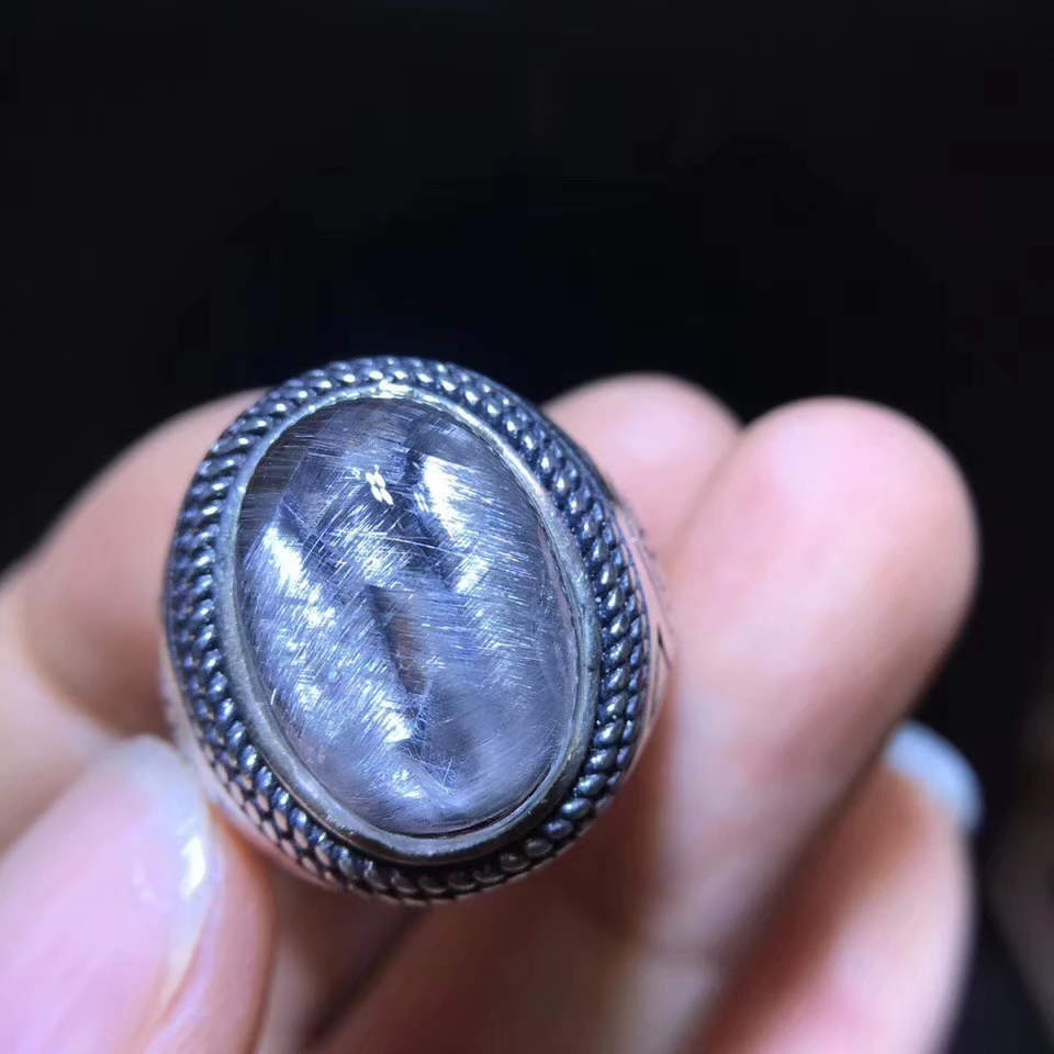 

Natural Brookite Platinum Silver Rutilated Quartz Adjustable Ring 17x12mm Woman Men Love Gift 925 Silver AAAAA Certificate