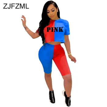 

Contrast Color Letter Spliced Two Piece Outfit Women O Neck Short Sleeve Crop Top And High Waist Skinny Pant Casual Matching Set