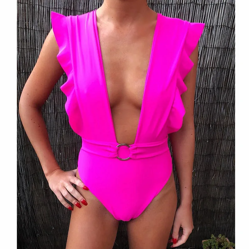 Для женщин Одна деталь купальник с глубокой купальные костюмы V-Neck оборками боди Maillot De Bain купальный костюм пуш-ап Пляжная одежда