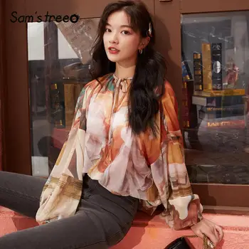 

SAM'S TREE Graphic Print Lace Up Neckline Casual Chiffon Blouse Women 2020 Spring Vintage Lantern Sleeve Korean Girly Daily Tops
