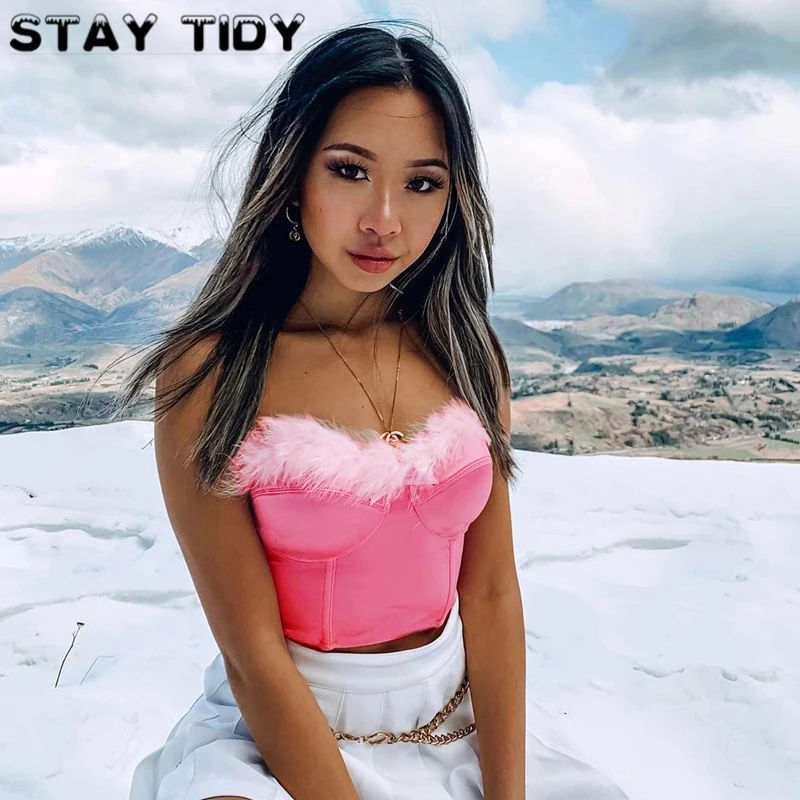 

STAY TIDY Sexy Pink Fluffy Fur Splice Crop Tops Summer Women Off Shoulder Slash Neck Skinny Short Tops Party Streetwear Tube Top
