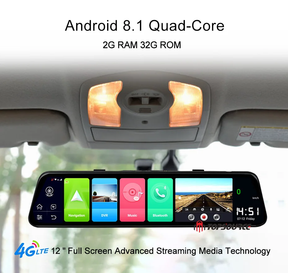 Автомобильный видеорегистратор TOPSOURCE, 12 дюймов, 4G, Android 8,1, Автомобильный gps Navi FHD 1080 P, видеорегистратор, зеркальная камера, Bluetooth ram, 2 Гб rom, 32 ГБ с ADAS