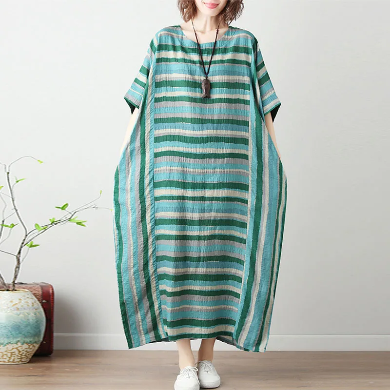 Женское платье размера плюс 4XL 5XL 6XL, летнее платье в полоску с рукавом летучая мышь, хлопковое льняное платье макси, женское пляжное платье макси, Vestidos - Цвет: Зеленый