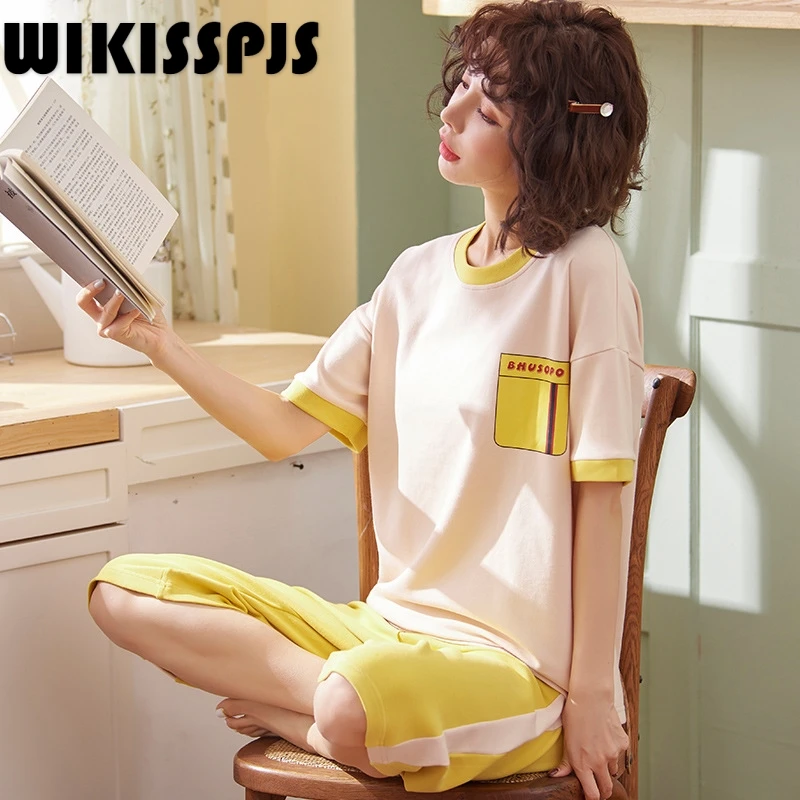 

Summer Cotton Short Sleeve Capris Thin Leisure Comfort Pajamas for Women Cute Underwear Set Loungewear Kawaii Pajamas