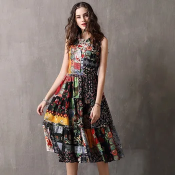 

branded Women's 2020 Summer New Printed Big Swing Retro Style Loose Large Size Vest Multi-color Casual Dress
