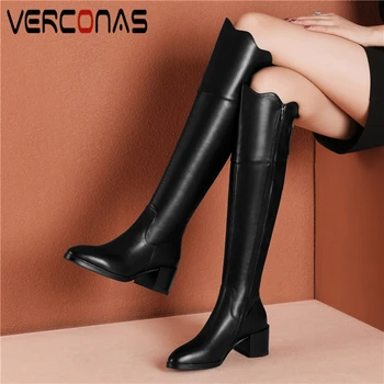 

VERCONAS Autumn Winter New Concise Knee-High Boots For Women Genuine Leather Ruffles Shoes Woman Zipper Thick Heels Long Boots