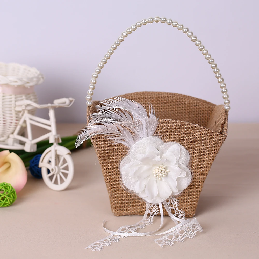 

Vintage Rustic Wedding Burlap Flower Girl Basket with Artificial Pearls Decoration Wedding Supplies