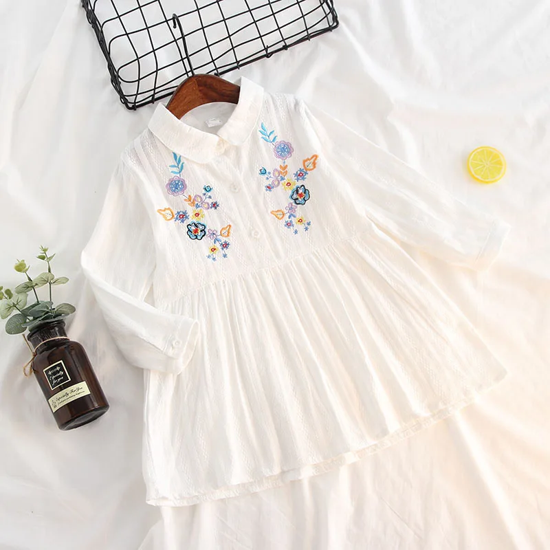 

2019 Spring Childrenswear Girls Ethnic-Style Fold-down Collar Flower Embroidered Pure Cotton Fancy Cotton Long-sleeved Dress GIR