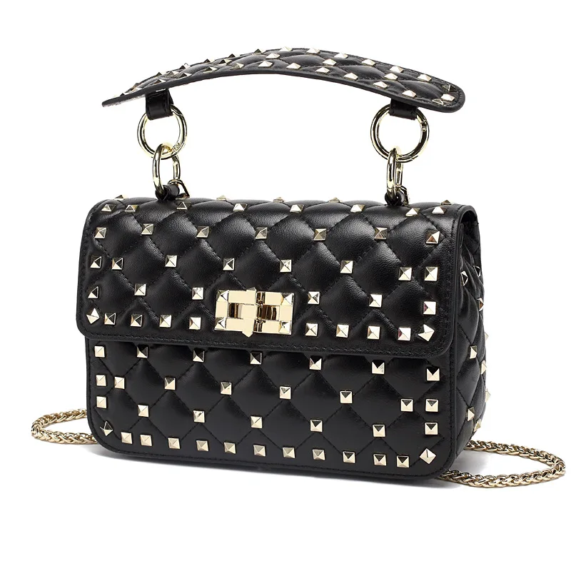 

Rivets Fashion Small Square Bags for Women 2019 Trend Genuine Leather Pure color Handbags Fashion Lady's Luxury Shoulder Bags