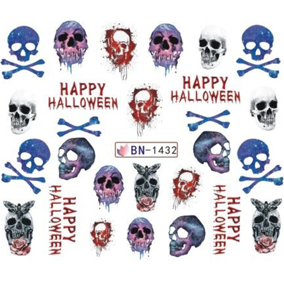 12 дизайн Хэллоуин Череп кости наклейки для ногтей переводная вода слайдер Ужасный Декор дизайн ногтей маникюр татуировки наклейка LEBN1381-139