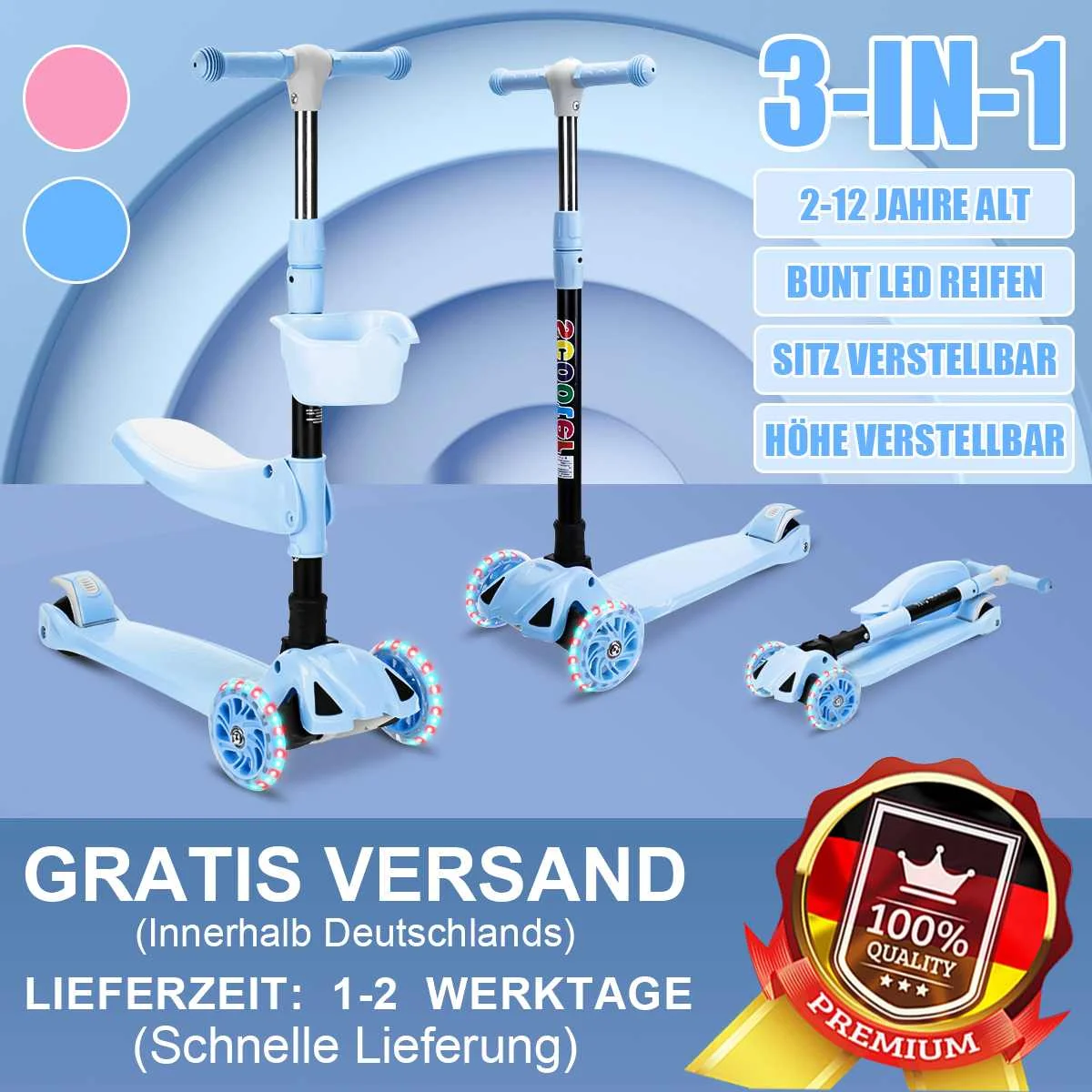 Kids 4 Levels Adjustable Height Kick Scooter PU Flashing Wheels Wide