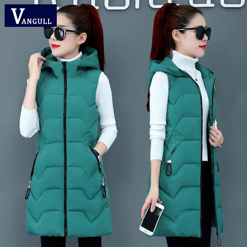 Green Vest Vangull женский хлопковый жилет с капюшоном, однотонный жилет без рукавов, Осень-зима, Повседневный женский теплый длинный жилет на молнии большого размера - Цвет: Green Vest