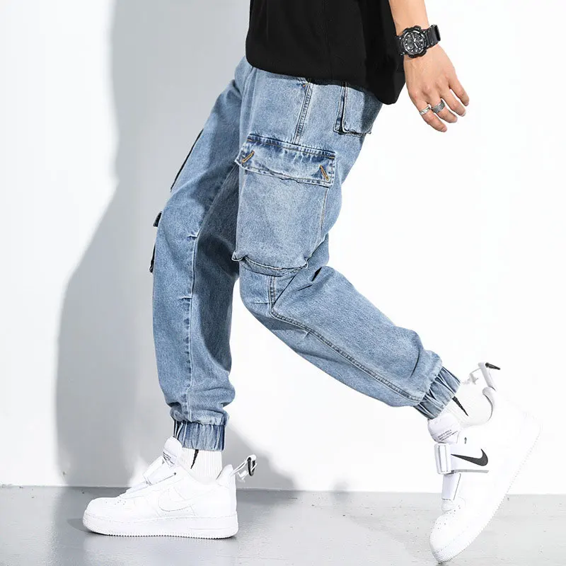 Cheap Fashion Streetwear Men Jeans Loose Fit Big Pocket Cargo Pants Harem Trousers Blue Color Japanese Style Hip Hop Jeans Men Joggers