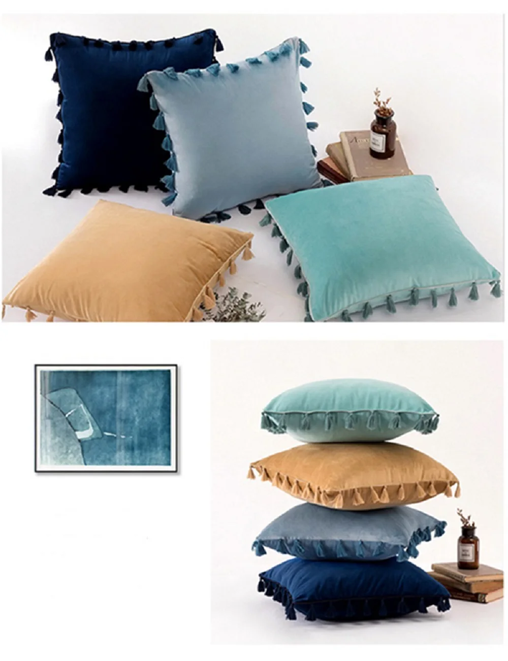 Inyahome Water Blue Velvet Soft Solid Decorative Throw Pillow Cover with Tassels Fringe Boho Cushion Case for Couch Sofa Bed