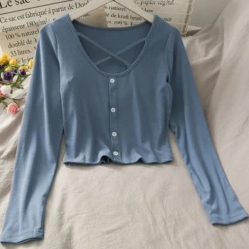 

Hollow Cross V-neck Women's T-shirt Bodycon Long Sleeve Blue Tops Button Crop Top High Waist Casual Sexy Thin Female Tee Shirt