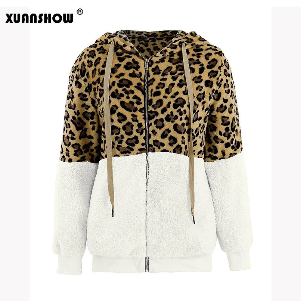 Белый XUANSHOW зимнее модное пальто с леопардовым принтом Лоскутные женские куртки плюшевые флокированные теплые толстовки на молнии дамское пальто - Цвет: Белый