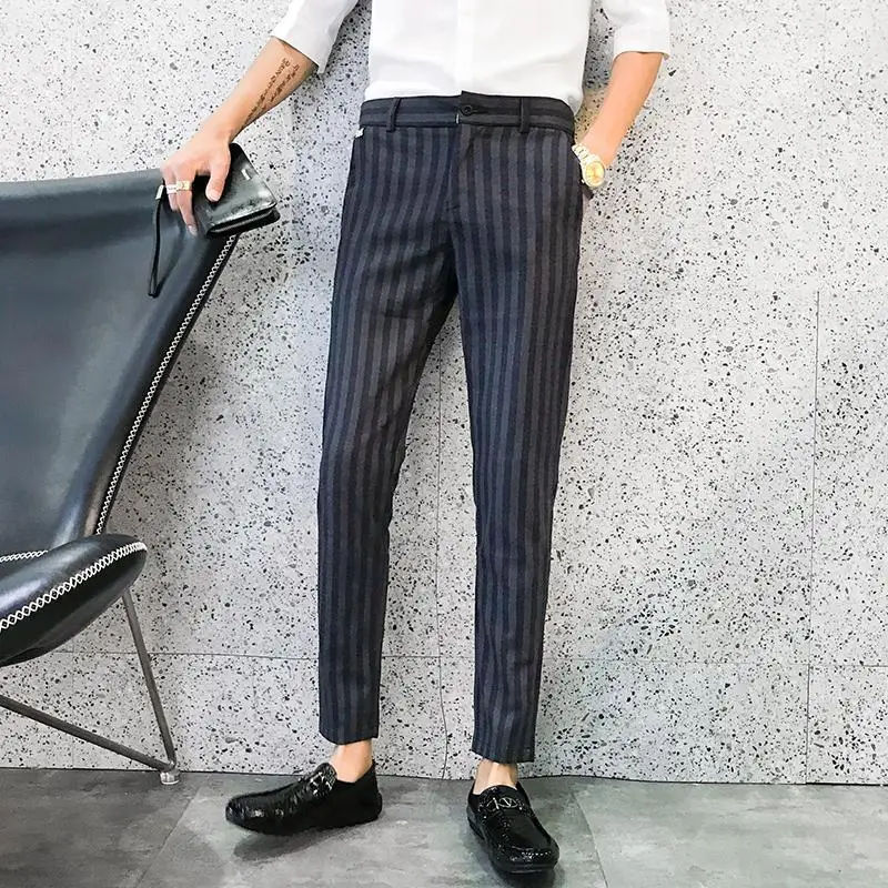 Для мужчин платье брюки в полоску для бизнес на каждый день Slim Fit ботильоны Длина Pantalon в Carreau Homme классический винтажный костюм брюки Свадебные 5XL