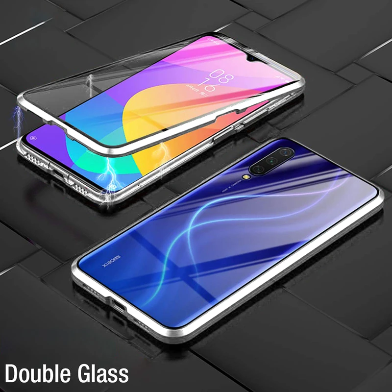 Двусторонний магнитный металлический чехол для Xiaomi mi 9 SE 8 CC9 A2 A3 Lite POCO F1 9T для Red mi K20 Note 8 8T 7 10 Pro 8A стеклянная крышка - Цвет: Silver