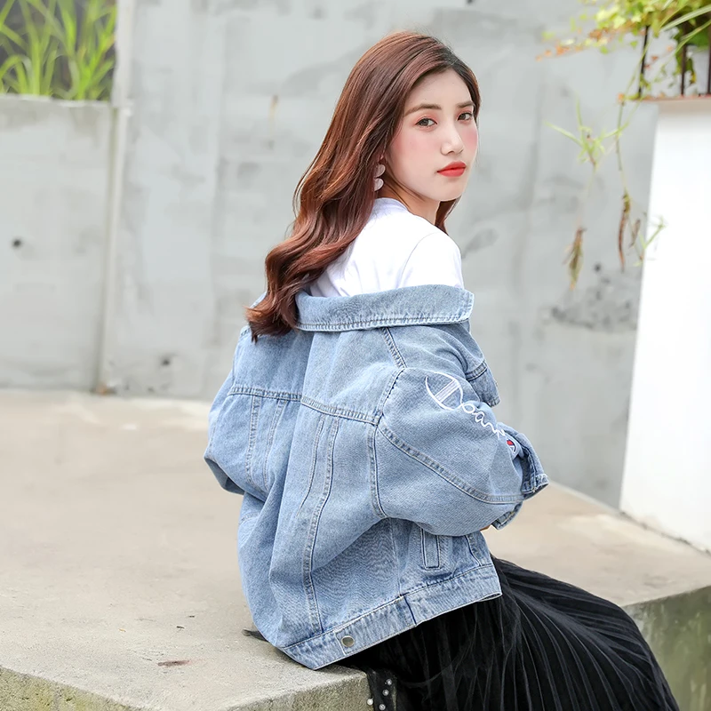 Плюс Размеры Корея, нашитая буква, Бомбер джинсовая куртка Для Женщин Джинсовое пальто женское отложной воротник уличная жакет Harajuku Mujer