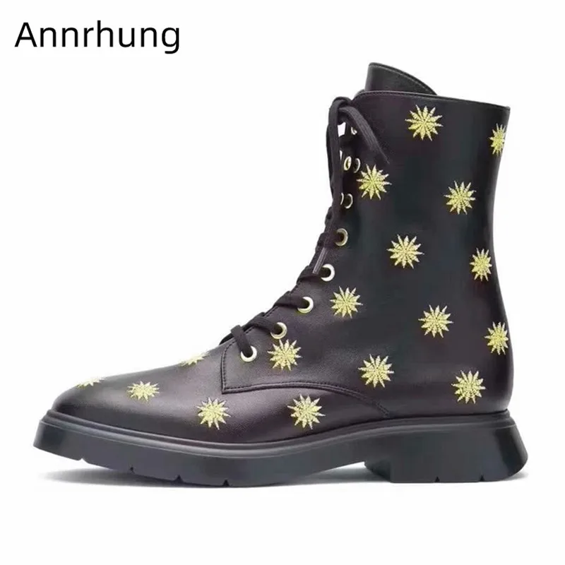 

2020 New Martin Boots Women Round Toe Cross Lace Up Party Bottes Chunky Low Heel Solid Real Leather Botas Embroidery Ankle Boots