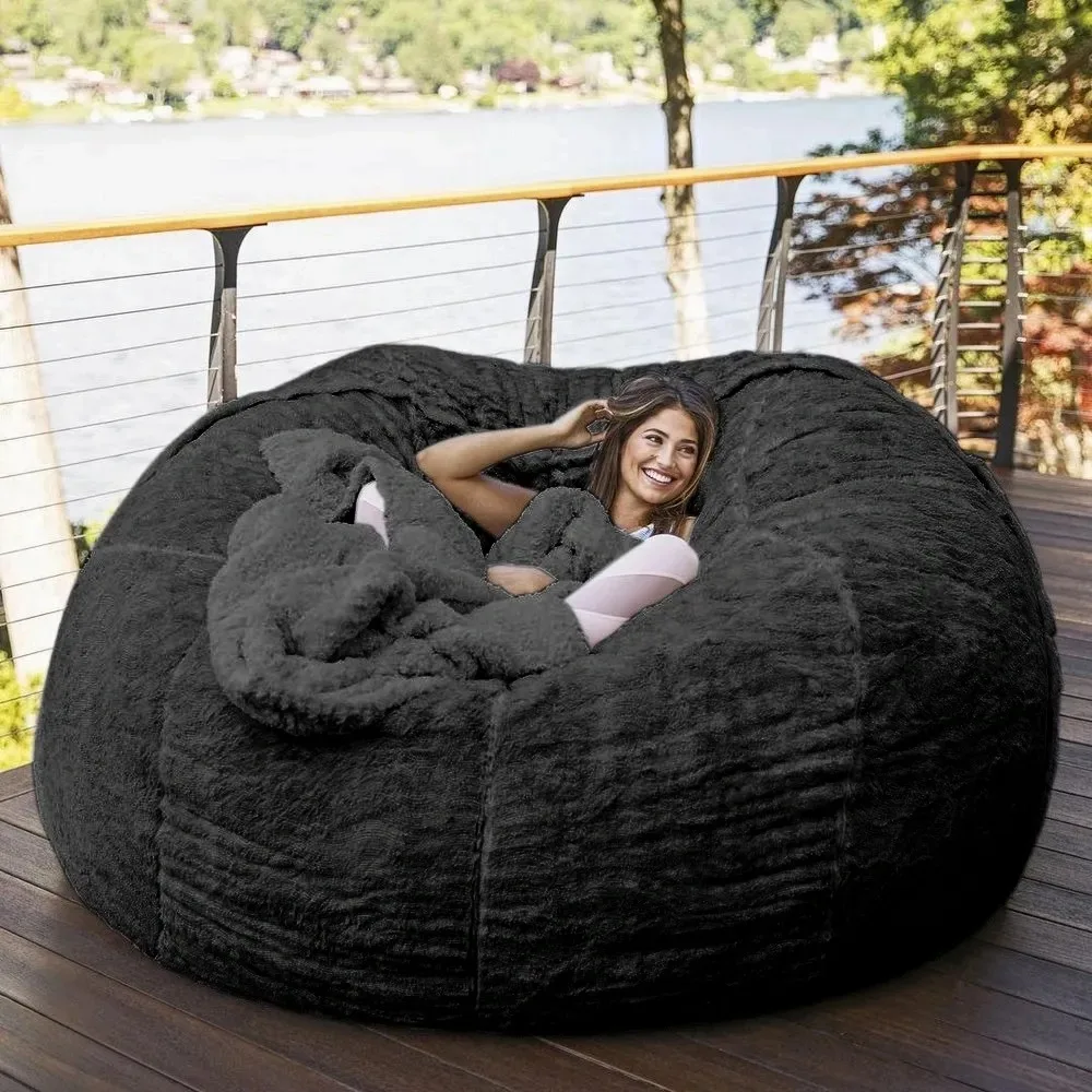 180cm Giant Fur Bean Bag Cover Living Room Furniture Big Round Soft Fluffy Faux Fur BeanBag Lazy Sofa Bed Cover