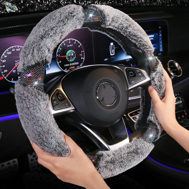 Роскошные зимние меховые Плюшевые Чехлы на руль автомобиля с кристаллами