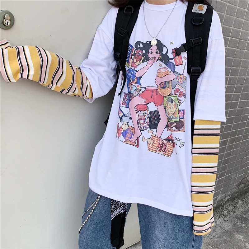 Корейская женская Винтажная футболка с забавным мультяшным принтом ins Harajuku с длинными рукавами, модная свободная повседневная женская футболка с круглым вырезом