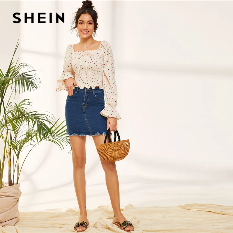 SHEIN бежевый с принтом сердца, с квадратным вырезом, укороченная блузка, топы для женщин, осень, Boho, рукав-волан, гофрированный подол, рубашки, женские блузки