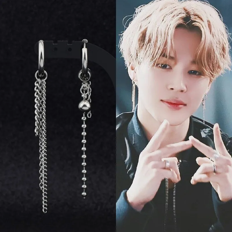 Корейские KPOP серьги-гвоздики из нержавеющей стали с цепочкой из бисера для мужчин, асимметричные поп-ювелирные изделия Bangtan для мальчиков, серебряные геометрические серьги для женщин