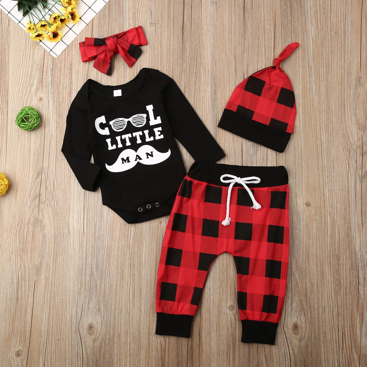 4PCs Infant Newborn Baby Boy Girl Sets Letter Long Sleeve Romper Red Plaid Pants Hat Bowknot Outfits Cute Casual Clothes 0-24M