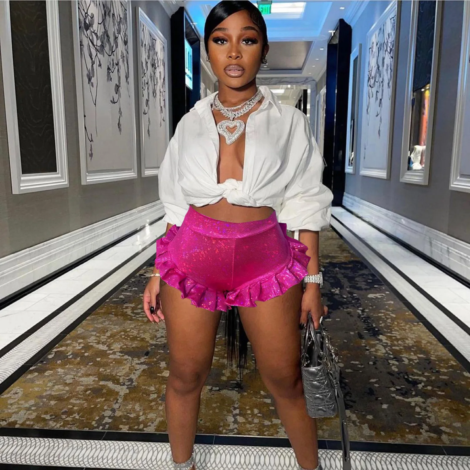 BKLD Fashion Women Clothing Sexy Club Outfits Hot Shorts Pleated Ruffled Laser Printed Harajuku High Waisted Shorts Party