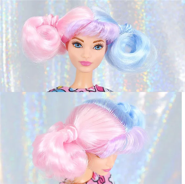 Bonbonfarbene kleine Perücke für Puppenspielzeugkopf DIY Prinzessinnenhaar Perücke im Maßstab 1:6 in Gold, Lila, Rosa, Grün, Schwarz, Beige – Detail 17