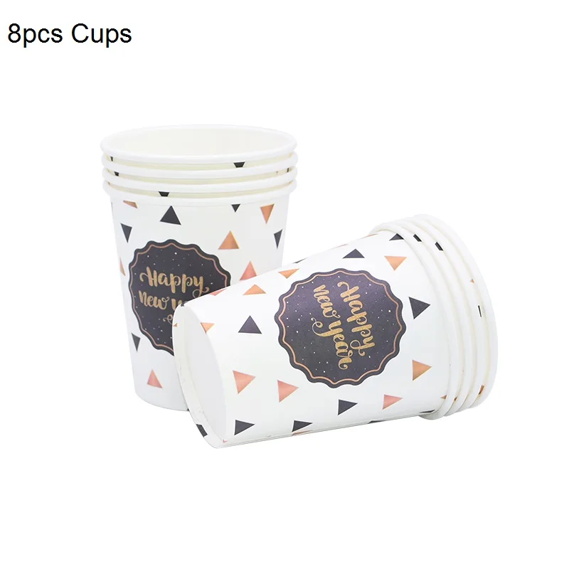 8Pcs paper cup Черное золото вечерние одноразовые столовые приборы набор бумажный стаканчик, тарелка соломинки на год вечерние украшения счастливый год праздничный шар - Цвет: 8Pcs paper cup